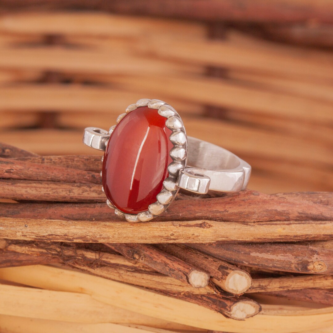 Handmade Natural Red Agate Ring, 925k Sterling Silver, Aesthetic Woman