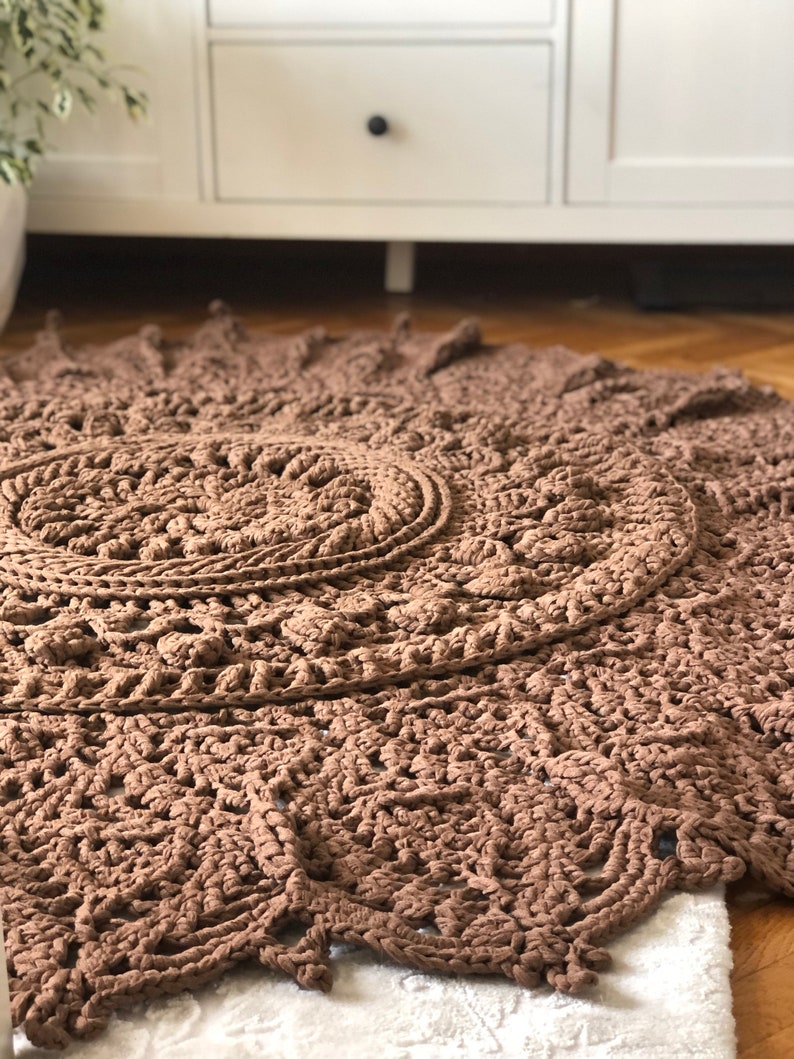 Rug, Crochet Oversized Mint Green and Chocolate Brown Lace Rug ,Vintage-Inspired Country Home Decor Item ,Handwoven with Cotton Yarn. image 5