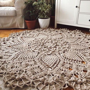 Rug, Crochet Cotton Beige Rug, Country Lace Rug, %100 Cotton Ribbon Yarn, Home Decoration image 3