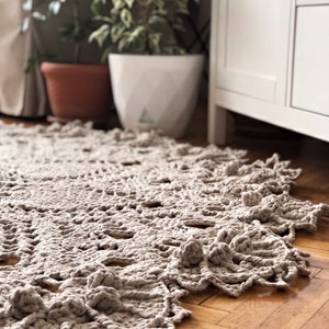 Rug, Crochet Cotton Beige Rug, Country Lace Rug, %100 Cotton Ribbon Yarn, Home Decoration image 6