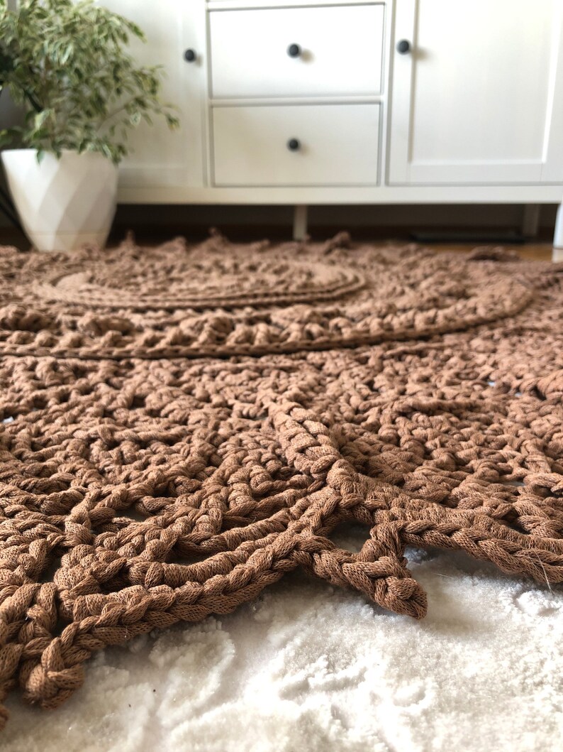 Rug, Crochet Oversized Mint Green and Chocolate Brown Lace Rug ,Vintage-Inspired Country Home Decor Item ,Handwoven with Cotton Yarn. image 7