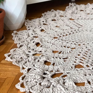 Rug, Crochet Cotton Beige Rug, Country Lace Rug, %100 Cotton Ribbon Yarn, Home Decoration image 5