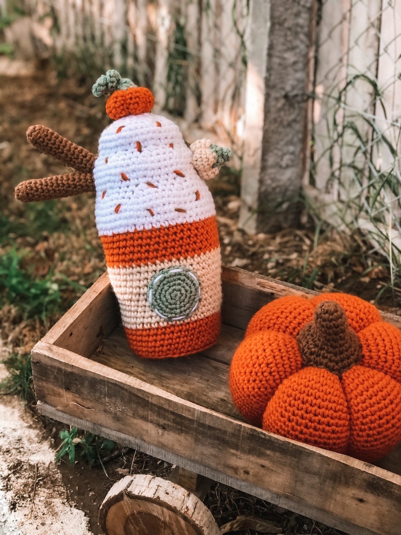Crochet Pumpkin Spice Latte Cushion, Fall Autumn Decoration image 2