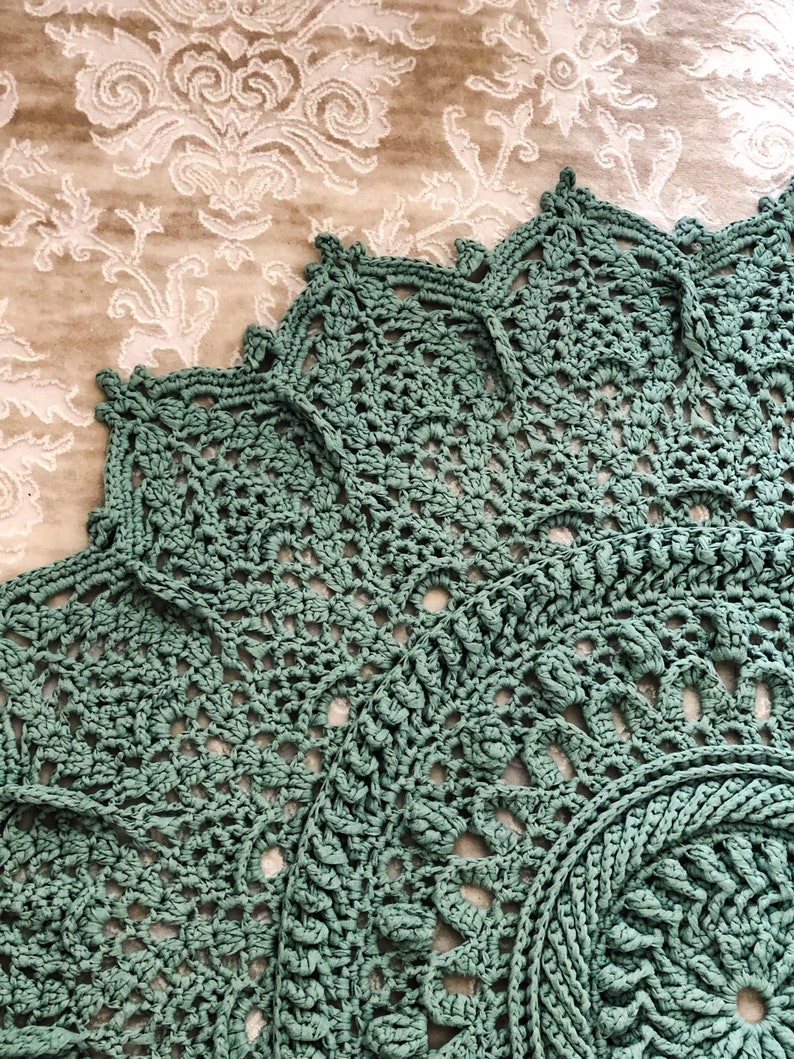 Rug, Crochet Oversized Mint Green and Chocolate Brown Lace Rug ,Vintage-Inspired Country Home Decor Item ,Handwoven with Cotton Yarn. image 2