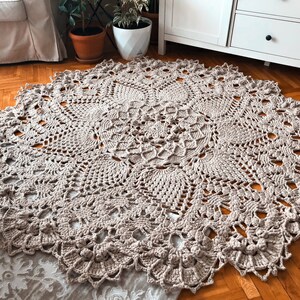 Rug, Crochet Cotton Beige Rug, Country Lace Rug, %100 Cotton Ribbon Yarn, Home Decoration image 2