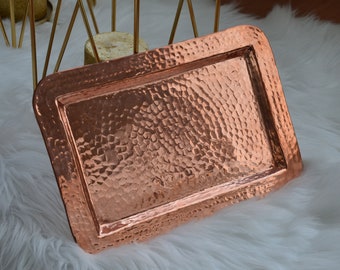 Copper Serving Tray, Decorative Home Accessorie, Handcrafted Hammered Turkish %100 Copper Tray