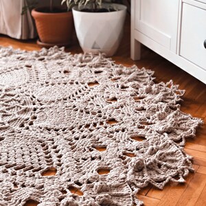 Rug, Crochet Cotton Beige Rug, Country Lace Rug, %100 Cotton Ribbon Yarn, Home Decoration image 4