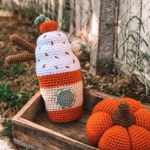 Crochet Pumpkin Spice Latte Cushion, Fall Autumn Decoration image 1