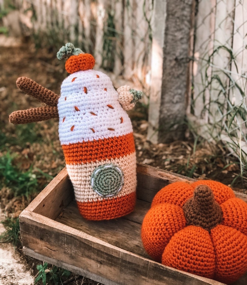 Crochet Pumpkin Spice Latte Cushion, Fall Autumn Decoration image 1