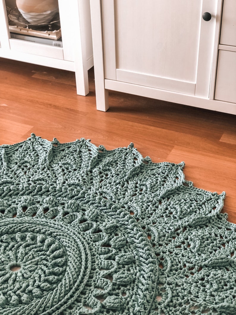 Rug, Crochet Oversized Mint Green and Chocolate Brown Lace Rug ,Vintage-Inspired Country Home Decor Item ,Handwoven with Cotton Yarn. image 9