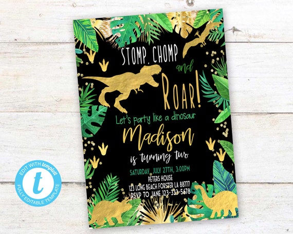 Dinosaur Birthday Invitation Dinosaur Birthday Banner Gold Etsy