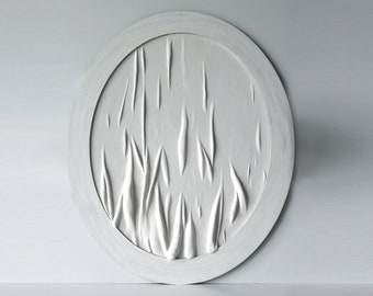 Large modern clay sculpture wall art. Very large oval bas relief. White 3d wall panel.