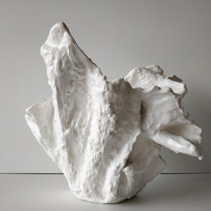 May include: A white, abstract sculpture with a textured, organic form. The sculpture has a rough, uneven surface and appears to be made of a solid material. The design is reminiscent of a natural formation, such as a rock or coral.