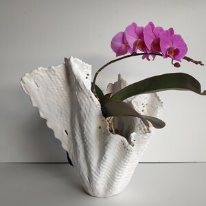 Scandinavian abstract vase. Large white orchid  pot. Tall handmade white planter.