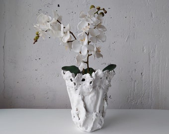 Handmade tall orchid pot. Modern white indoor planter. Flower growers gift.