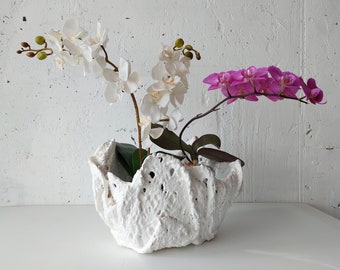 Double handmade white planter. Extra large unique orchid pot. Modern ceramic vase.