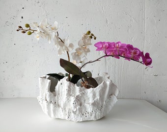 Extra large handmade white planter. Double unique orchid pot. Modern ceramic vase.