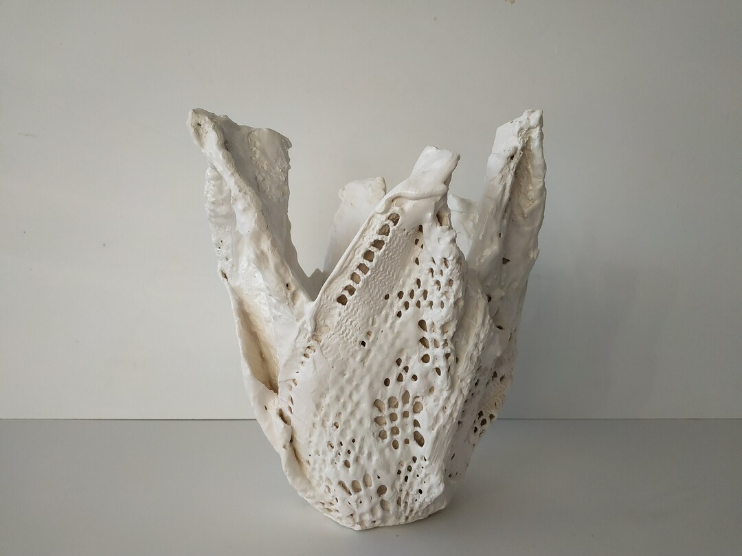 Handmade White Textured Cache Pot: Modern Gypsum Vase, 10.2