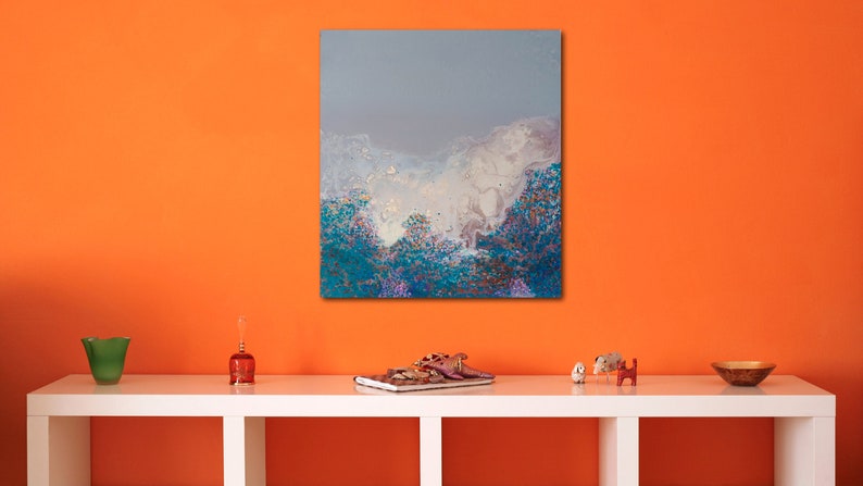 Modern living room picture. Large blue abstract wall art. Landscape oil canvas painting. image 9