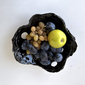 Handmade pottery fruit bowl. Small black serving bowl. Gothic home decor.