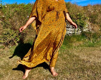 Gold orange flower pattern Kaftan, cover up, loungewear, beachwear, bohemian, faux silk,   Free size wrap around style fits  from Size 8 -14