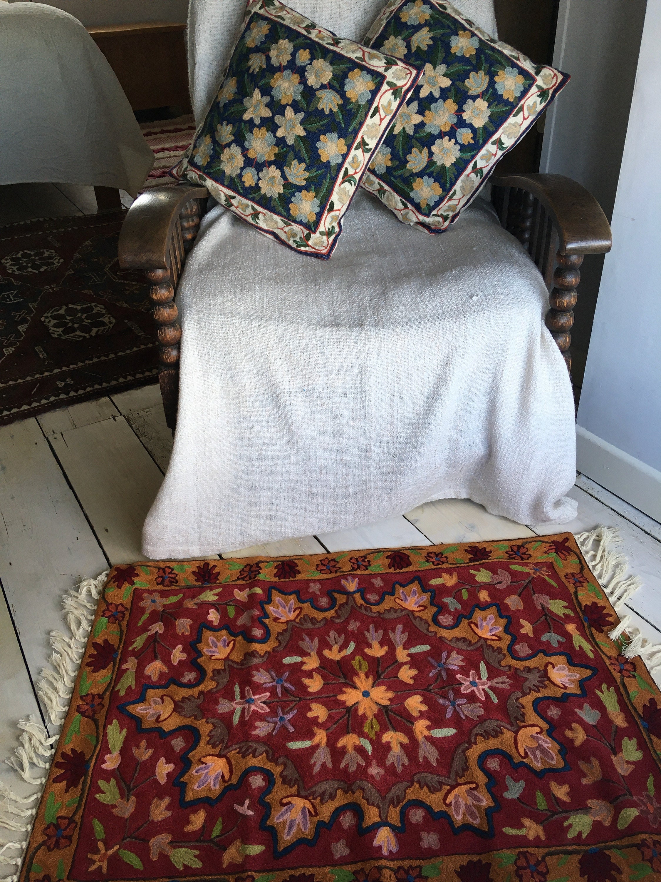 Handmade Embroidered Kashmir Wool Rug Oriental Bohemian Etsy