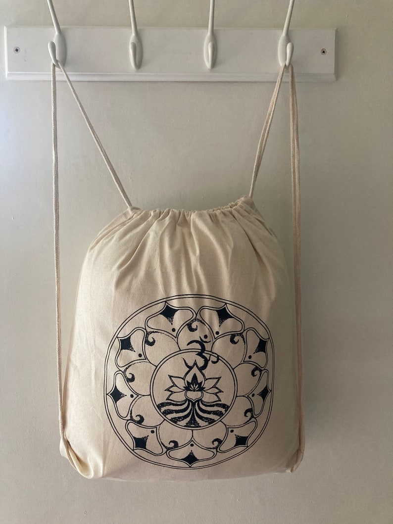 lotus om mandala print Cotton shoulder bag drawstring