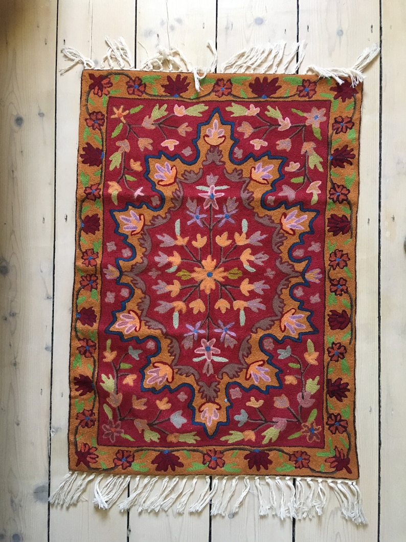 Handmade Embroidered Kashmir Wool Rug Oriental Bohemian Etsy