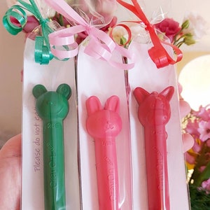 May include: Three individually wrapped crayons with animal faces. The crayons are green, red, and pink. The green crayon is a frog, the red crayon is a rabbit, and the pink crayon is a horse. Each crayon has the word "Crayon" written on it. The packaging has a white background with the text "Please do not eat" written on it. The packaging is tied with a ribbon.