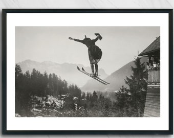 Saut à ski pour femmes, Alpes, France, photographie en noir et blanc, art mural, photo vintage, montagne, ski, escalade. Tirage gélatino-argentique