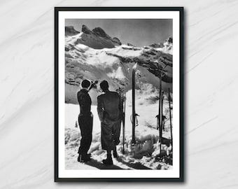 Couple de randonneurs, Alpes, France, Photographie noir et blanc, Art mural, Photo vintage, Montagne, Ski, Tapis d'escalade Tirage argentique à la gélatine