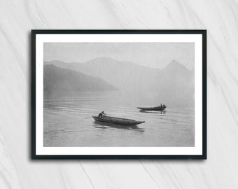 Vintage Black & White Photography Of 2 Boats on a Lake On Mat Gelatin silver print