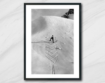 Arrampicata con gli sci, alpinisti Alpi francesi, fotografia in bianco e nero, arte da parete, foto d'epoca, montagna, arrampicata. Stampa alla gelatina d'argento