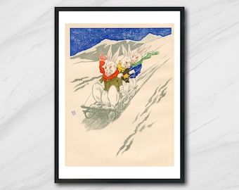 Poster Design 3 Rabbits On a Luge  On Mat Museum Quality Paper Giclee Print