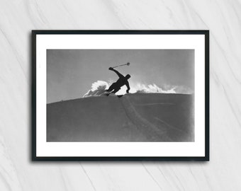Vintage Black & White Photography Of Skier Sliding on Snow Mat Gelatin silver print