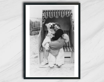 Bear, Woman, Funny, France, Black And White Photography, Wall Art, Vintage Photo, Mountain, Skiing, Climbing.