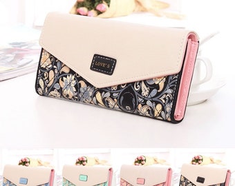 Womens Ladies Floral Envelope Purses Leather Long Handbag Bag Card Wallet UK