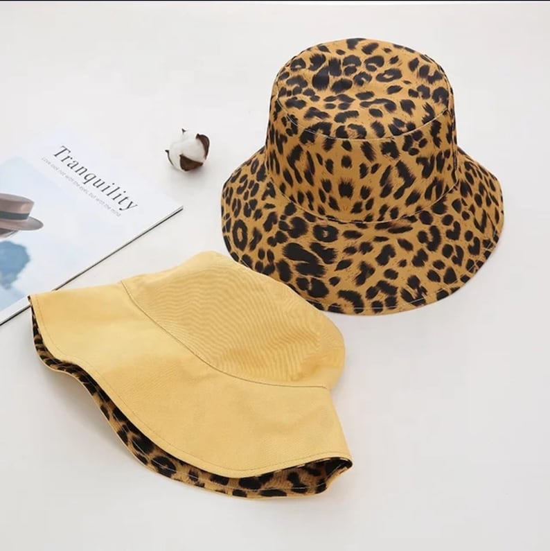 Bucket Hat Fisherman Hat Reversible Leopard Plain Pattern Unisex Fishing Cap Summer Hat