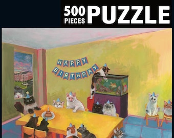 Cat Birthday Party Jigsaw Puzzle 500 piece, silly cats, colorful, celebrate, gift idea, banner, cake, internet famous, party hat