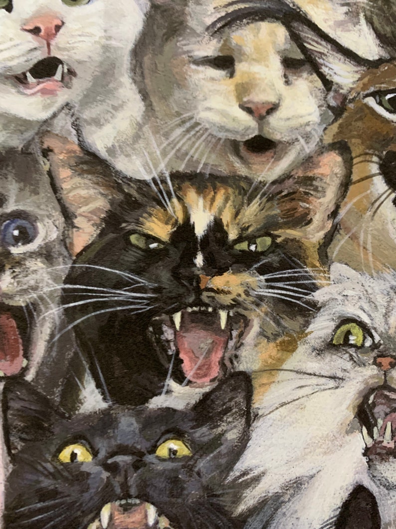 May include: A detailed painting featuring a multitude of cats with open mouths, displaying their teeth. The cats' fur colors vary, including black, gray, and calico. The artwork has a slightly distressed, textured appearance.