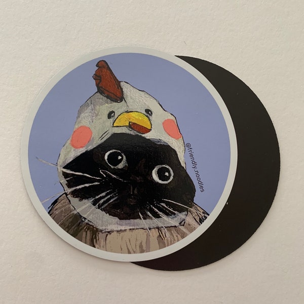 Chicken Noodle magnet, fridge magnet, friendly noodles, rebeccasalinasart, cute cat, chicken hat, cat memes, chicken noodle soup