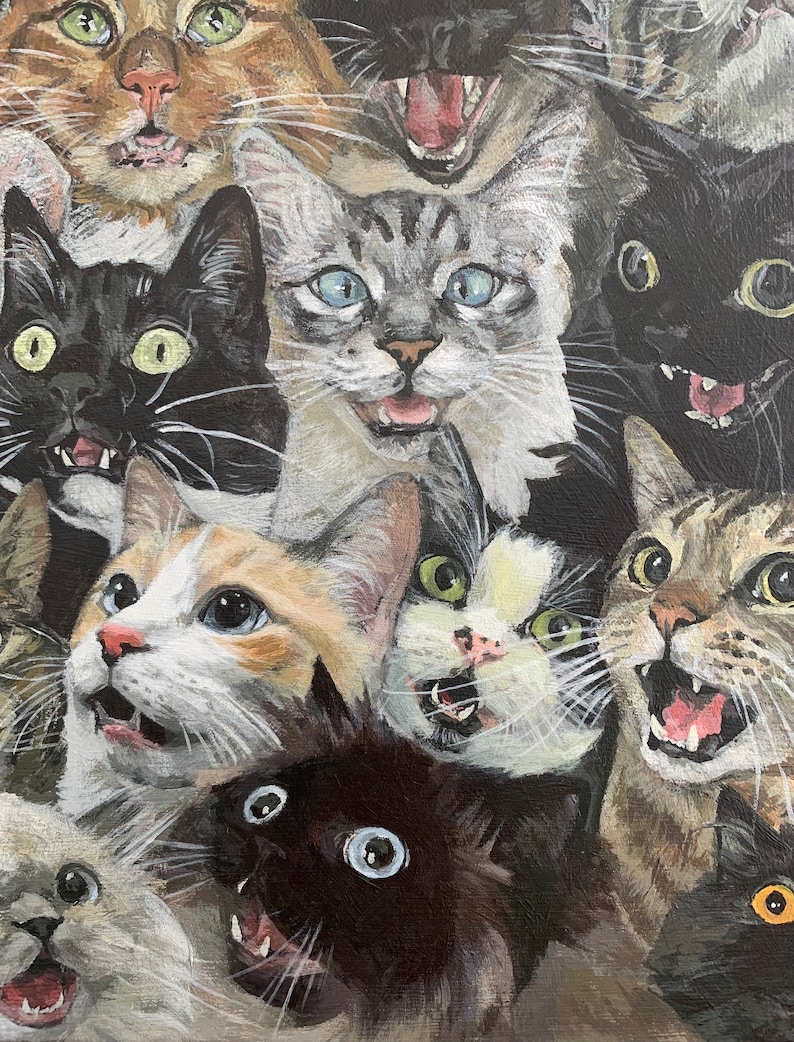 May include: A painting depicting a group of cats with various fur colours and expressions. The cats are all looking at the viewer with their mouths open, as if they are about to meow. The painting is executed in a realistic style and portrays the cats in a playful and humorous manner.