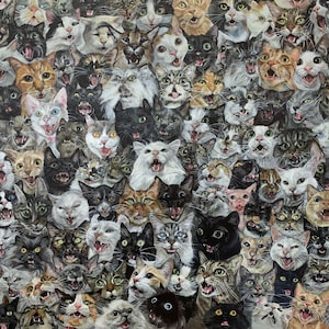 May include: A colourful painting depicting a large group of cats, each with unique patterns and colours. The cats are all looking directly at the viewer, with their mouths open as if they are meowing or singing.
