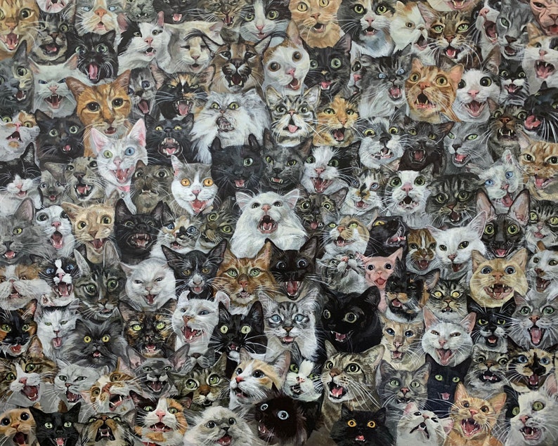 May include: A colourful painting depicting a large group of cats, each with unique patterns and colours. The cats are all looking directly at the viewer, with their mouths open as if they are meowing or singing.