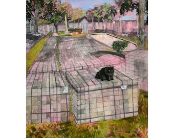 Under Construction 16x20" print, florida, palm trees, bricks, pool, painting, cute, aww, cats, fluffy, floof