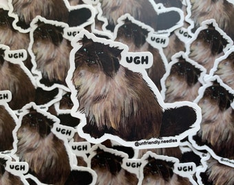 UGH Needles sticker, angry cat, grumpy cat, fluffy cat, unfriendly, internet cat, rebeccasalinasart, noodle cat, needle, teef