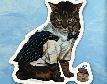 Atlas Suited sticker, vinyl, adhesive, friendly noodles, cute, bowtie, cat, vest, striped, tabby, brown, tuna can, clothing