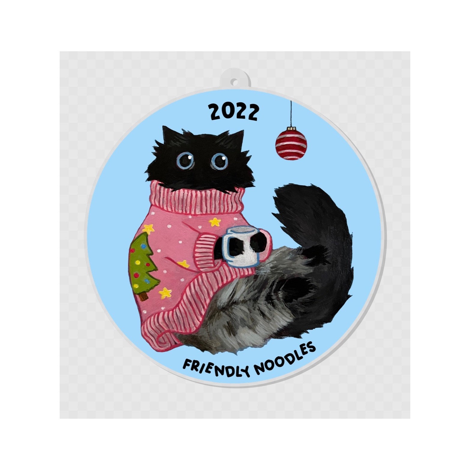 Sweater Weather Noodle Ornament, blue, pink, stars, cozy, mug, coffee, tea, fall, winter, cat, fluffy, himalayan, persian