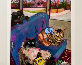 My Cats Riding the Bus to School 9x12" Print