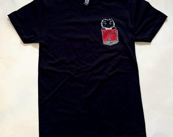 Noodle T-shirt, cat tshirt, noodle cat, pocket design, black shirt, noodles, tee, fluffy cat, cat meme